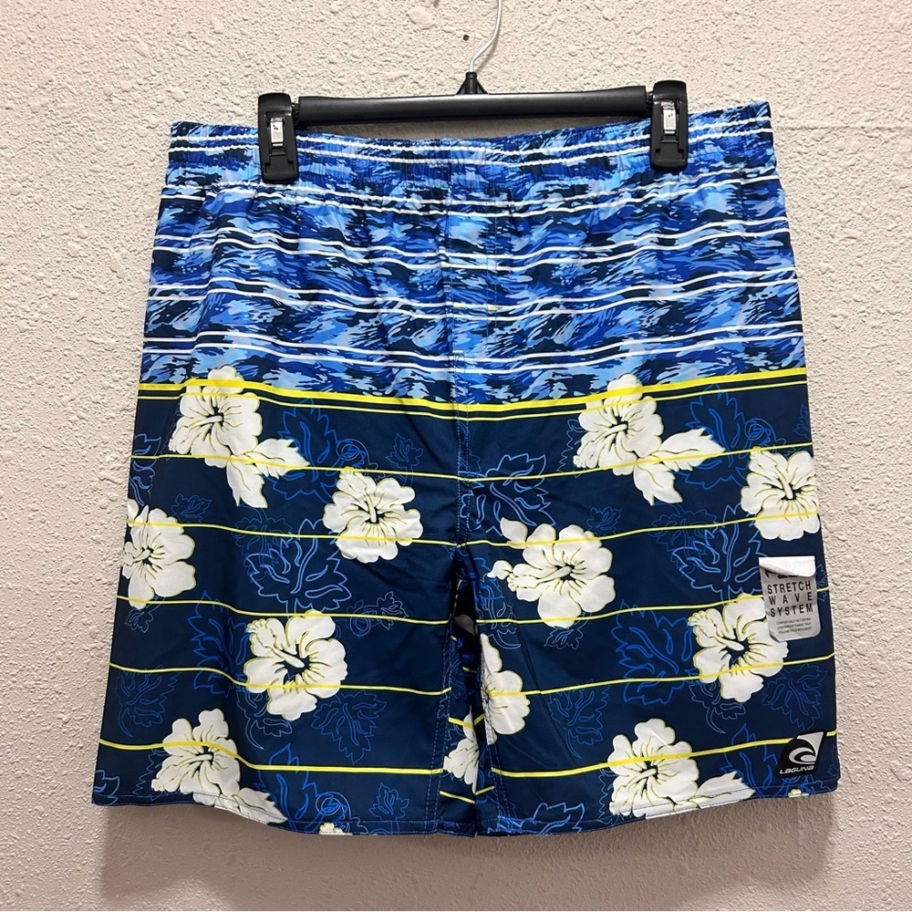 Laguna Coastal Blue Tropical Print Men's Swim Trunks Large